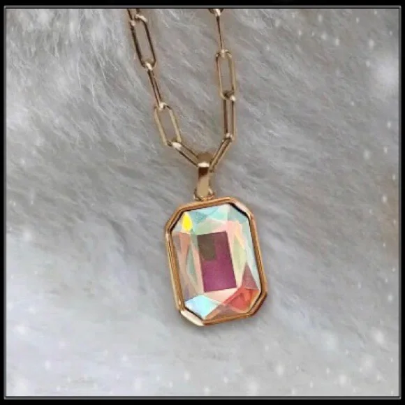14k Gold Aurora Borealis Prism Emerald Cut Crystal Minimalist Paperclip Necklace - Picture 4 of 9